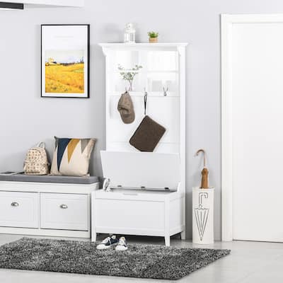 HOMCOM Coat Rack Shoe Bench with Storage 4 In 1 Hall Tree for Entryway Hallway Organizer with Cabinet 3 Hooks Mirrors White