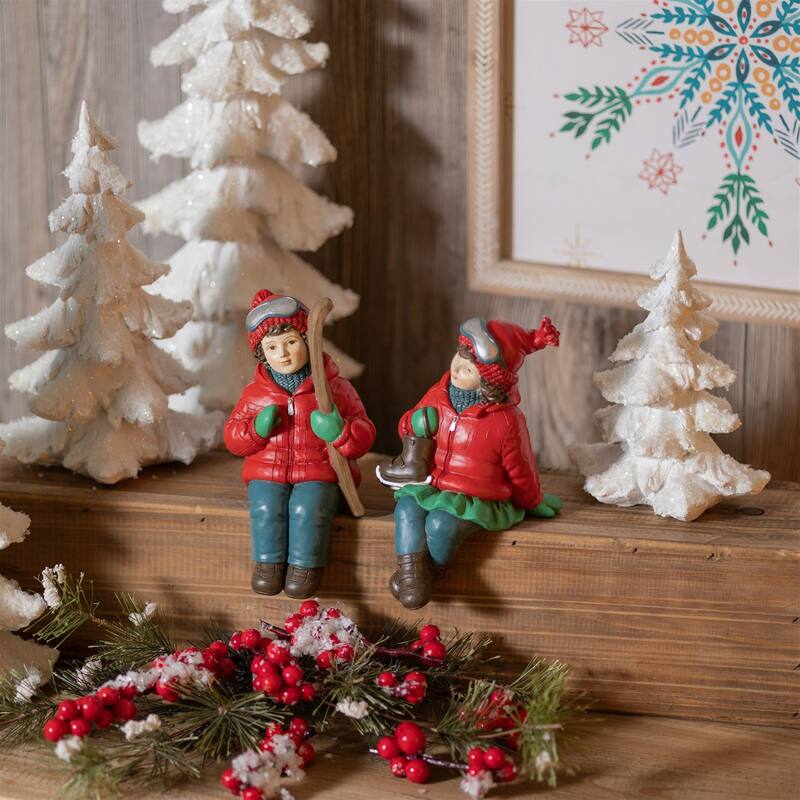 Children with Skis and Skates Shelf Sitter Christmas Figurines - 5" - Set of 4