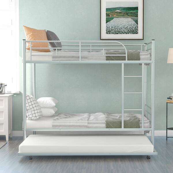 slide 2 of 11, Twin Over Twin Bunk Bed with Trundle Bed, Can be Divided Into 2 Beds Silver