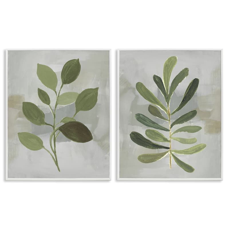 Stupell Green Leaf Branches on Grey Framed Giclee Art Design By Lanie Loreth (Set of 2) - 24 x 30 - White