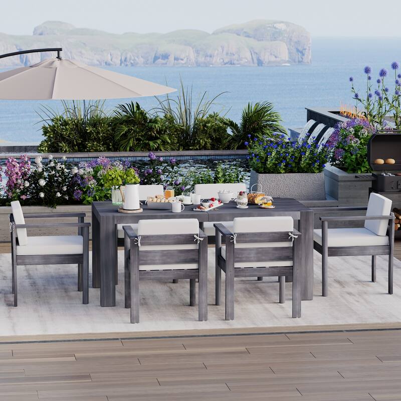 7-Piece Outdoor Patio Dining Set Wood Rectangular Dining Table and 6 Arm Chairs with Parasol Hole and Removable Cushions