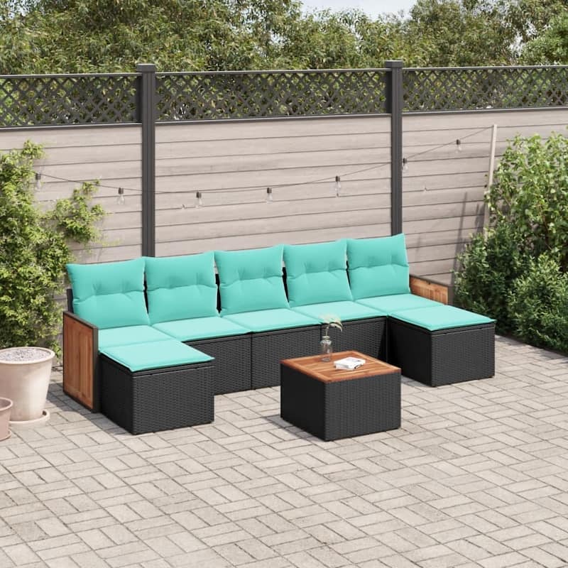 vidaXL 7 Piece Patio Sofa Set with Cushions Black Poly Rattan - 21.7x27.2x24.4-With table