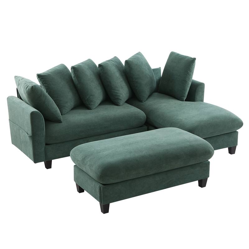 Chenille Sectional Sofa L-shaped Sofa with Movable Ottoman, Upholstered Sectional Sofa with 6 Throw Pillows, Bottom storage