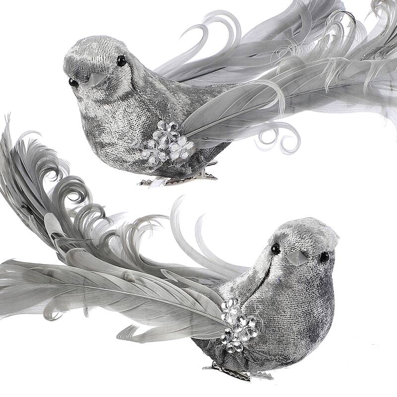6" Velvet Feather Bird Clip Ornament Set of 12