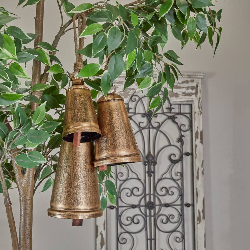 Gray, Red, Black or Bronze Metal Tibetan Inspired Decorative Cow Bell with Jute Hanging Rope (Set of 3) - Bronze - 12",9",6"H