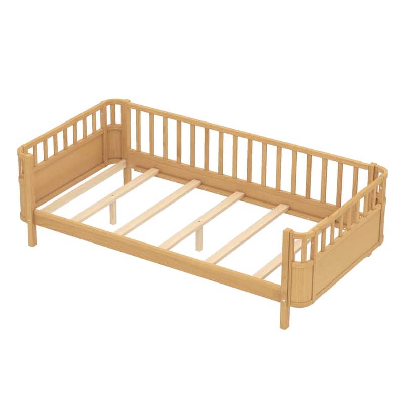 Multi Size Low Platform Bed for Kids with Rounded Corners Guardrails, Detachable Right-side Fence and Open Left-side Design