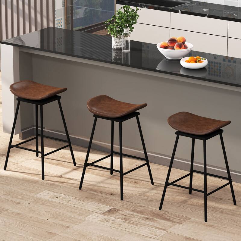 Backless Swivel Bar Stools with Saddle Faux Leather Seat 28 Inch Metal Frame Counter Height Chairs - 17" x 18" x 28" (L x W x H)