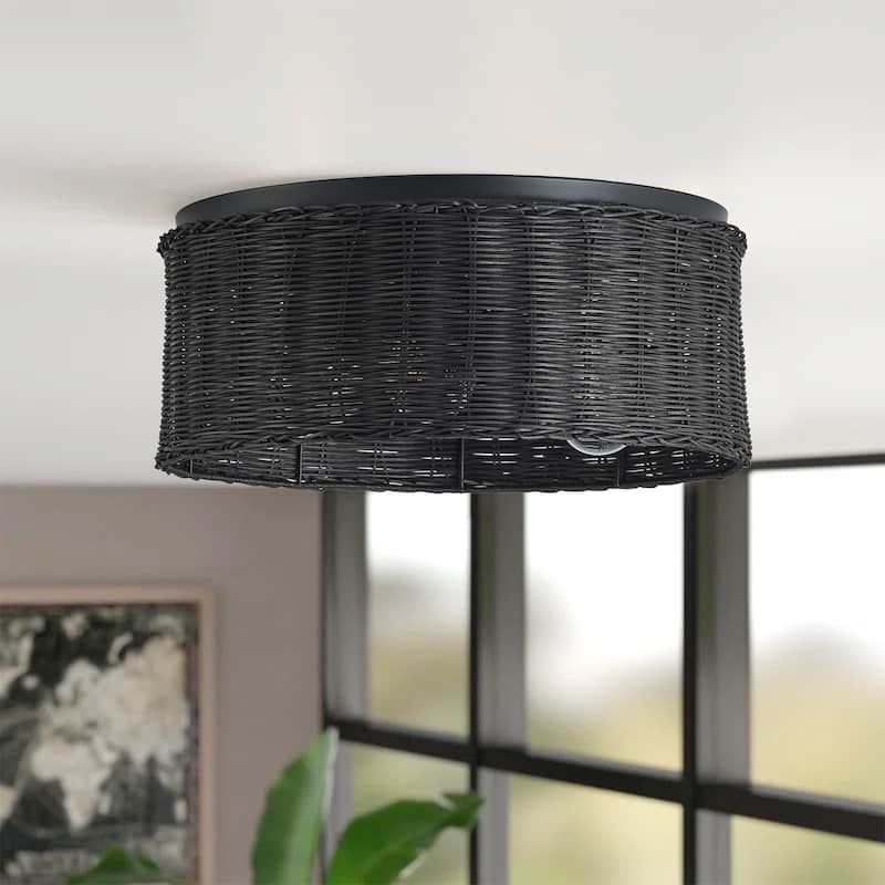 Farmhouse Hand-Woven Rattan 3-Light Drum Flush Mount Ceiling Light - Black