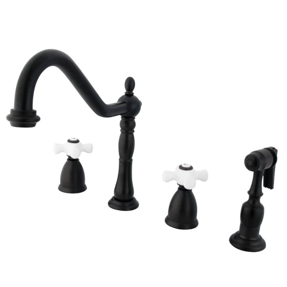 Kingston Brass Heritage Deck Mount Widespread Kitchen Faucet with Brass Sprayer