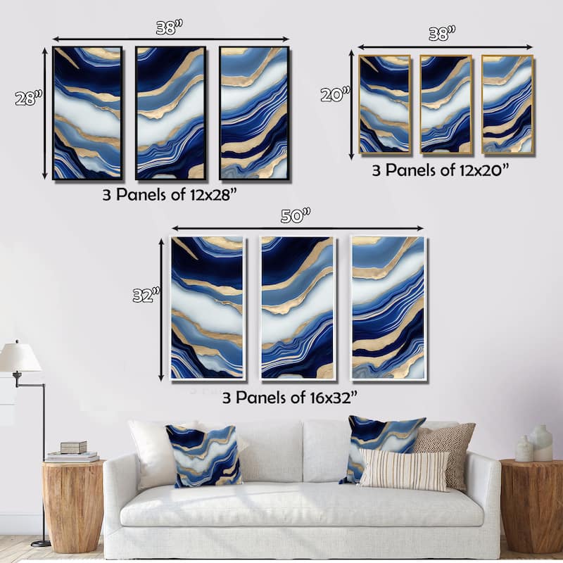 Designart "Vibrant Blue And Gold Flow Art III" Transitional Framed Canvas Art Print - 3 Panels
