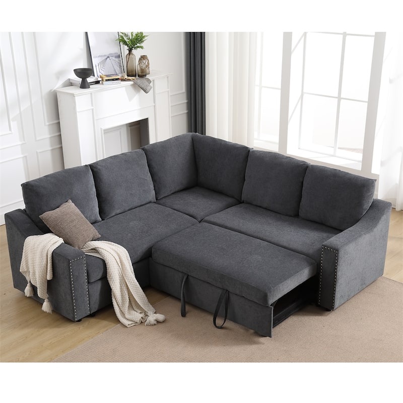 L Shaped Chenille Fabric Pull-out Sofa Bed, Corner Sofa with Pillows - Gray