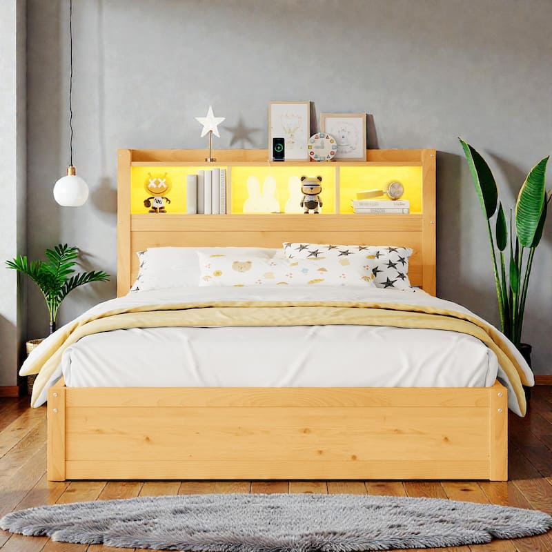 Wood Bed with Storage Headboard, Drawers and Pull Out Cabinet, Twin Full Bed with LED Light and Socket - Natural - Full