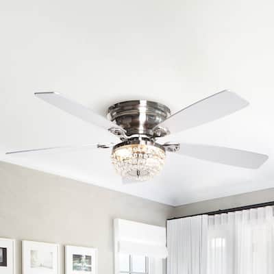 48 Inch Flush Mount Crystal Ceiling Fan Light with 5 Premium Wood Blade