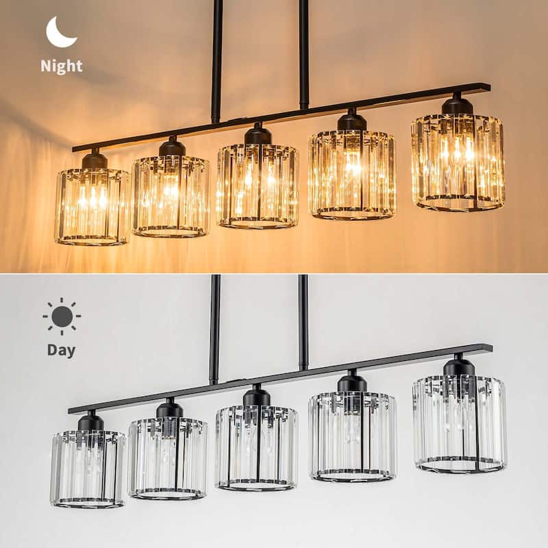 Starsky 5-Light Modern Glass Crystal Chandelier Cluster Linear Kitchen Island Light with Cylindrical Shade