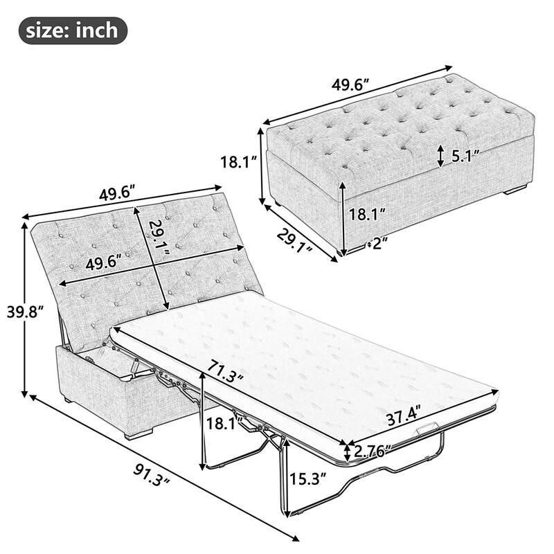 66" Convertible Ottoman Sleeper Sofa Bed, Tufted, Memory Foam Mattress