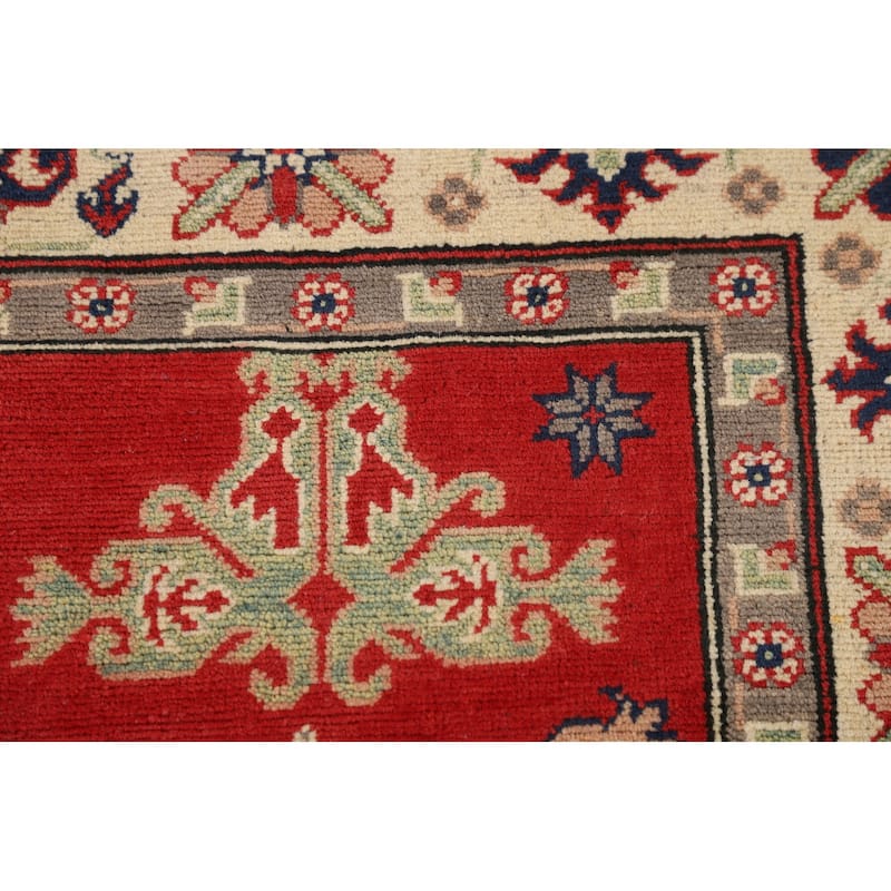 Geometric Red Kazak Oriental Rug Hand-Knotted Living Room Wool Carpet - 5'0" x 6'8"