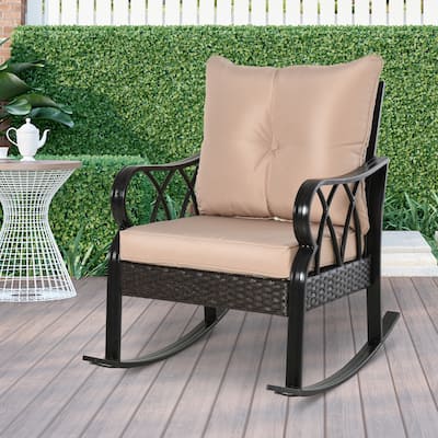 Outsunny Rattan Wicker Rocking Chair with Padded Cushions, Armrest for Garden, Patio, Backyard, Khaki