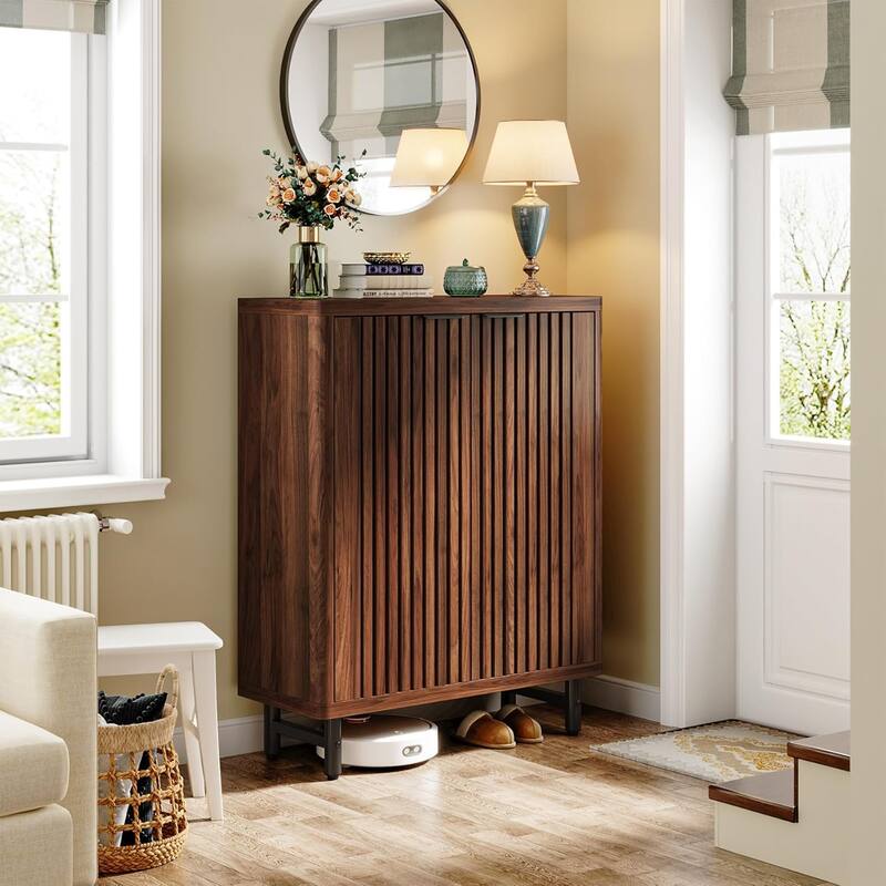 6-Tier Shoe Cabinet with Shutter Doors Adjustable Shelves Wooden Storage Cabinet for Entryway/Hallway/Closet/Living Room