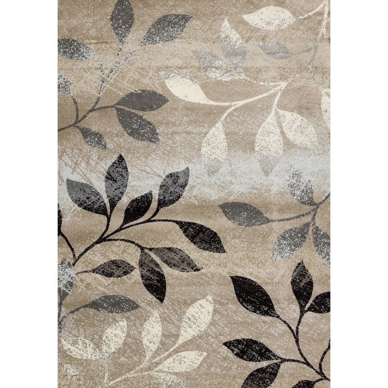 Charlotte Collection - Distressed Brown/White/Black Foliage Rug - 7'10" x 10'6"