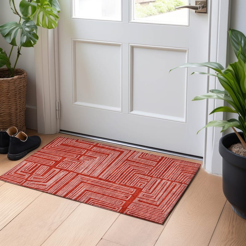 Machine Washable Indoor/ Outdoor Contemporary Stack Chantille Rug - Red - 1'8" x 2'6"