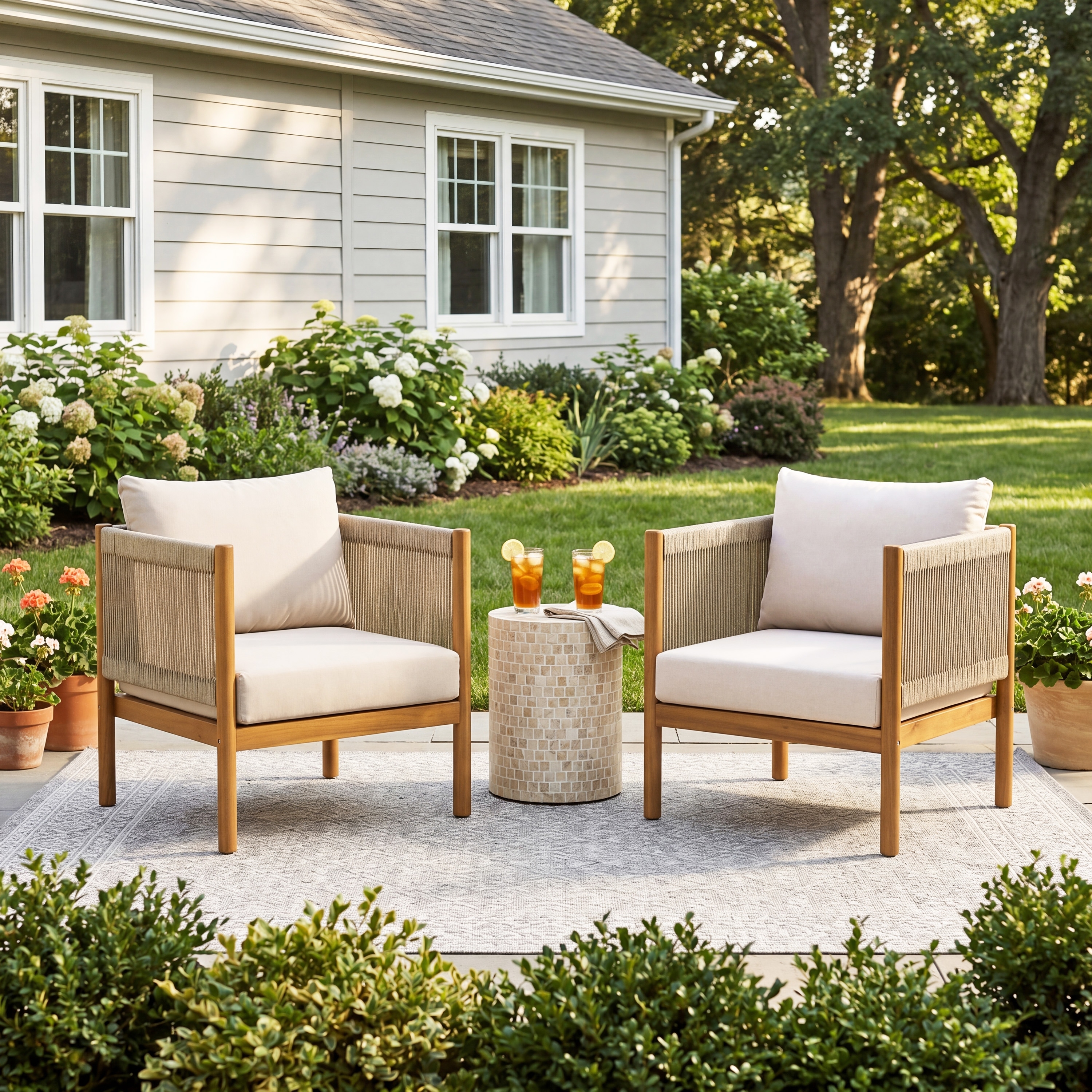 Set of 2 Outdoor Club Chairs with Teak-Look Acacia Wood and Cream Cushions