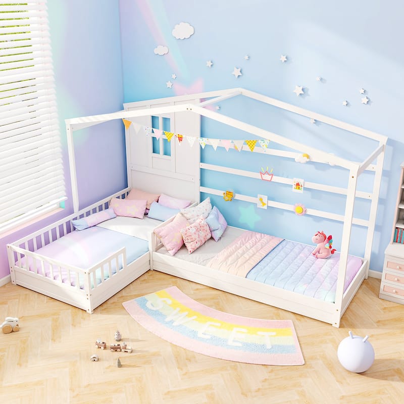 Gymax L-shaped Double Twin Beds House Platform Beds w/ Window & Fences - White