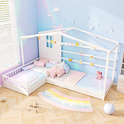 Gymax L-shaped Double Twin Beds House Platform Beds w/ Window & Fences
