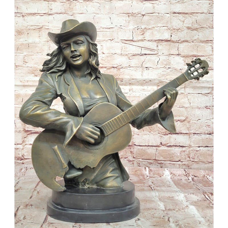 Bronze Country Singer Musician Bust - Cowgirl Guitar Sculpture Decor
