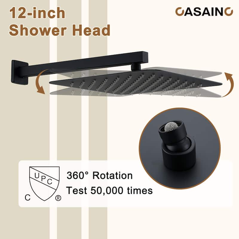 Luxury Thermostatic Shower System 1-Spray Patterns Wall Mount Fixed Shower Head and Handheld Spray with 6 Body Jets - 12" x 12"
