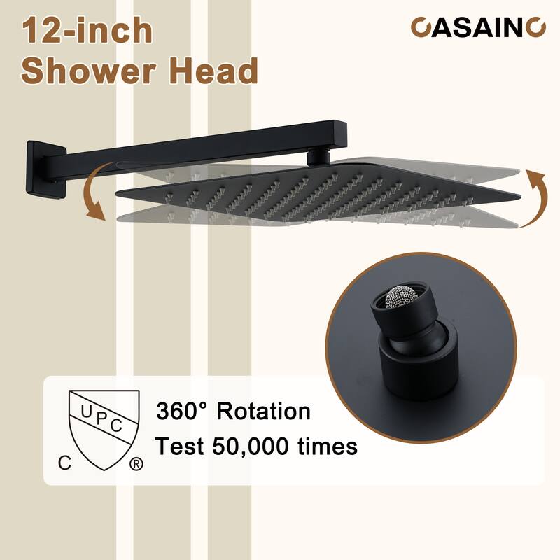 Luxury Thermostatic Shower System 3-Spray Patterns Wall Mount Fixed Shower Head and Handheld Spray with 6 Body Jets - 12" x 12"