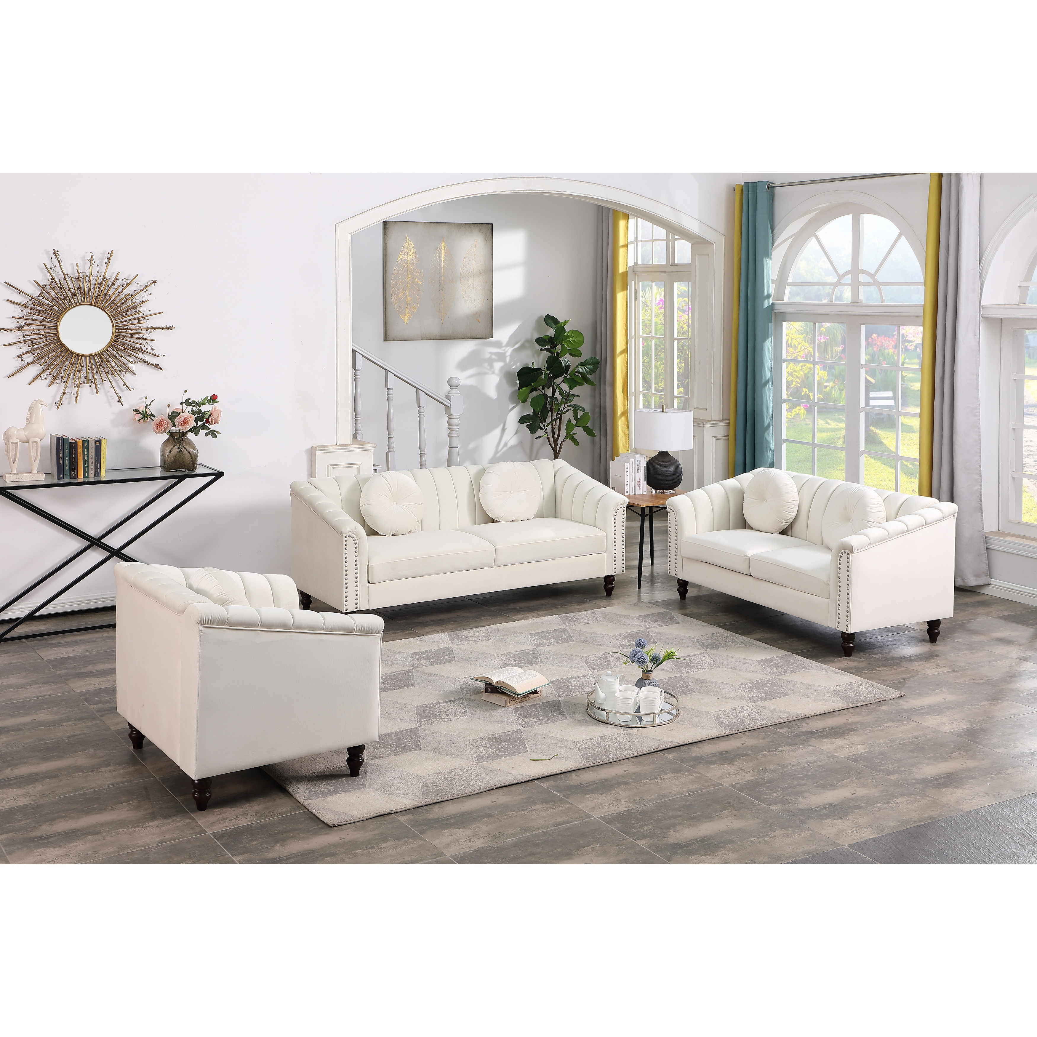 Ivory Microfiber 3 Piece Living Room Sofa Loveseat Chair 4905