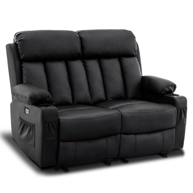 MCombo Electric Power Reclining Sofa with Heat & Massage, Faux Leather 6095/6075/6077 - Loveseat Recliner - Black