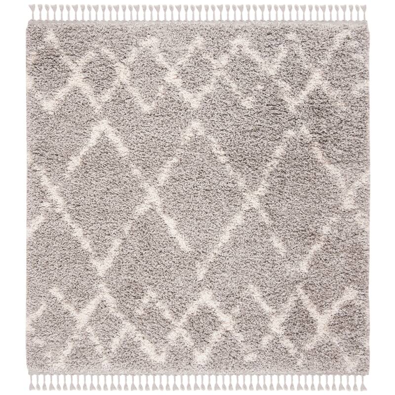 SAFAVIEH Pro Lux Shag Darcia Moroccan Tassel 2.4-inch Thick - 6'7" x 6'7" Square - Grey/Cream - Square/Runner