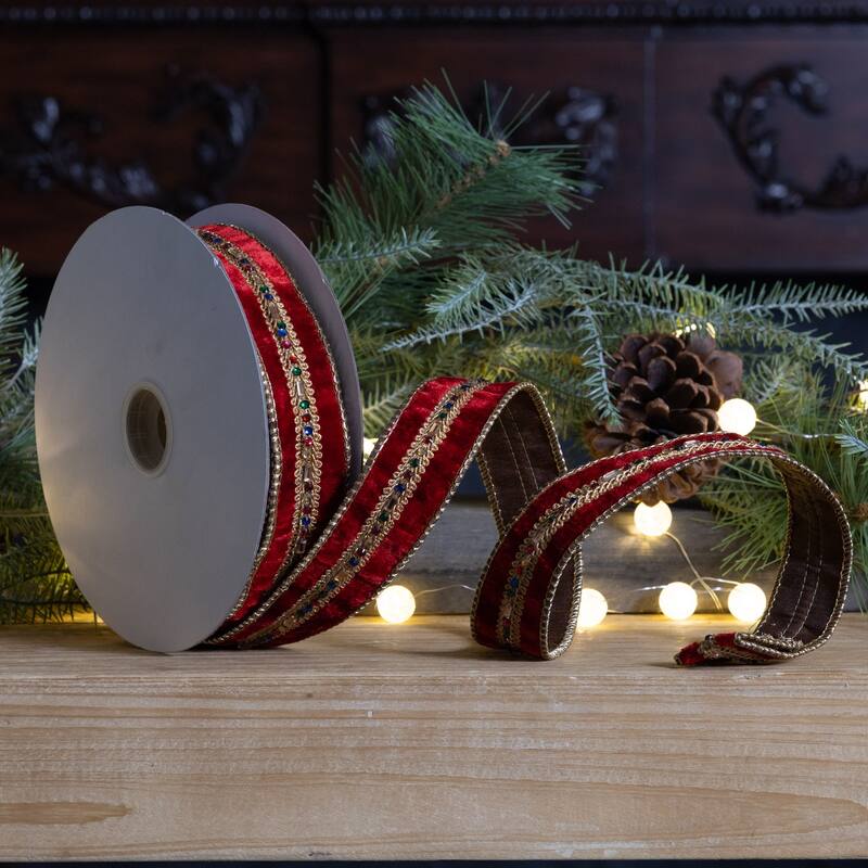 Jeweled Christmas Wired Craft Ribbon - 1.5" x 10 Yards - Red and Gold