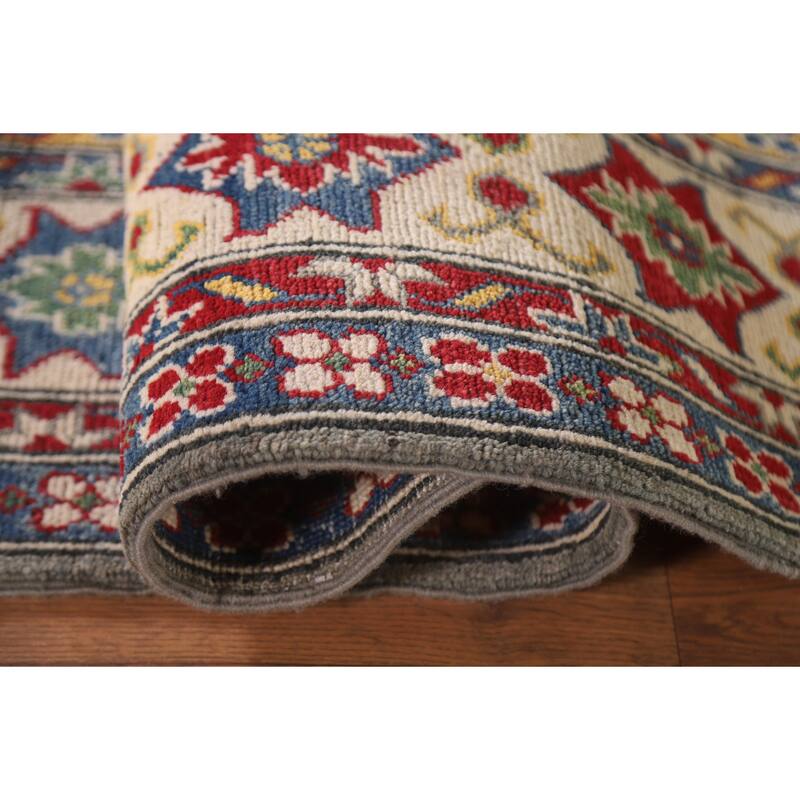 Hand Knotted Oriental 100% Wool Carpet Traditional Geometric Greys & Charcoal Kazak Area Rug - 9' 10'' X 6' 6''