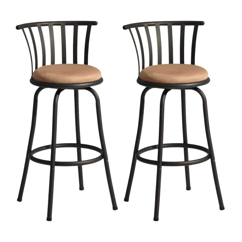 HomeRoots Set of Two 29" Brown and Black Microfiber and Metal Low Back Bar Height Swivel Bar Chairs