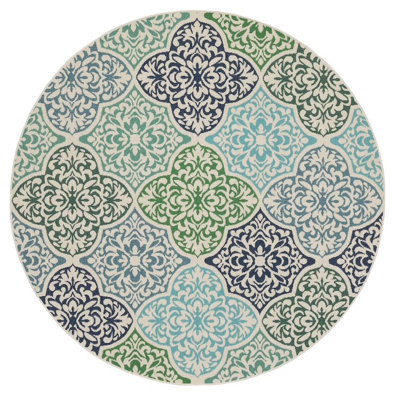 Miramar Moroccan Medallions Blue/ Green Indoor/Outdoor Area Rug- - 7' 10" x 7' 10" - Round