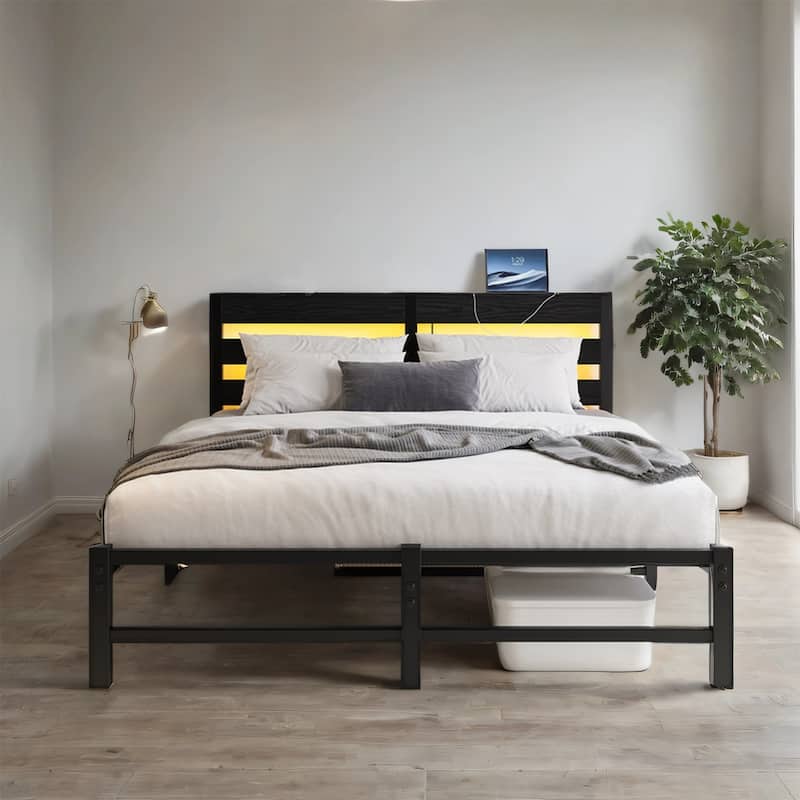 Queen Size Metal Platform Bed with RGB Lights,Outlets and Charger