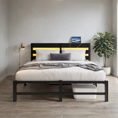 Queen Size Metal Platform Bed with RGB Lights,Outlets and Charger