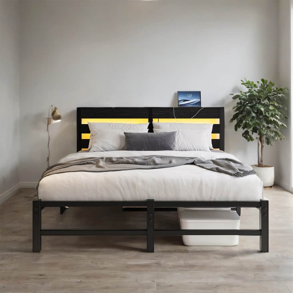 Queen Size Metal Platform Bed with RGB Lights,Outlets and Charger