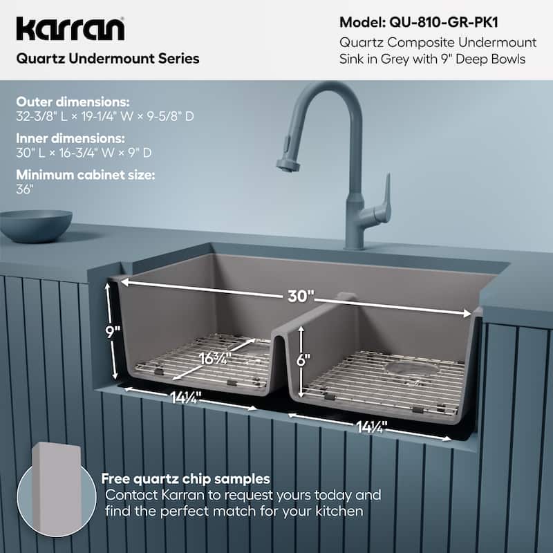 Karran 32" Undermount Double Equal Bowl Quartz Kitchen Sink Kit - 32" x 19.5" x 9"