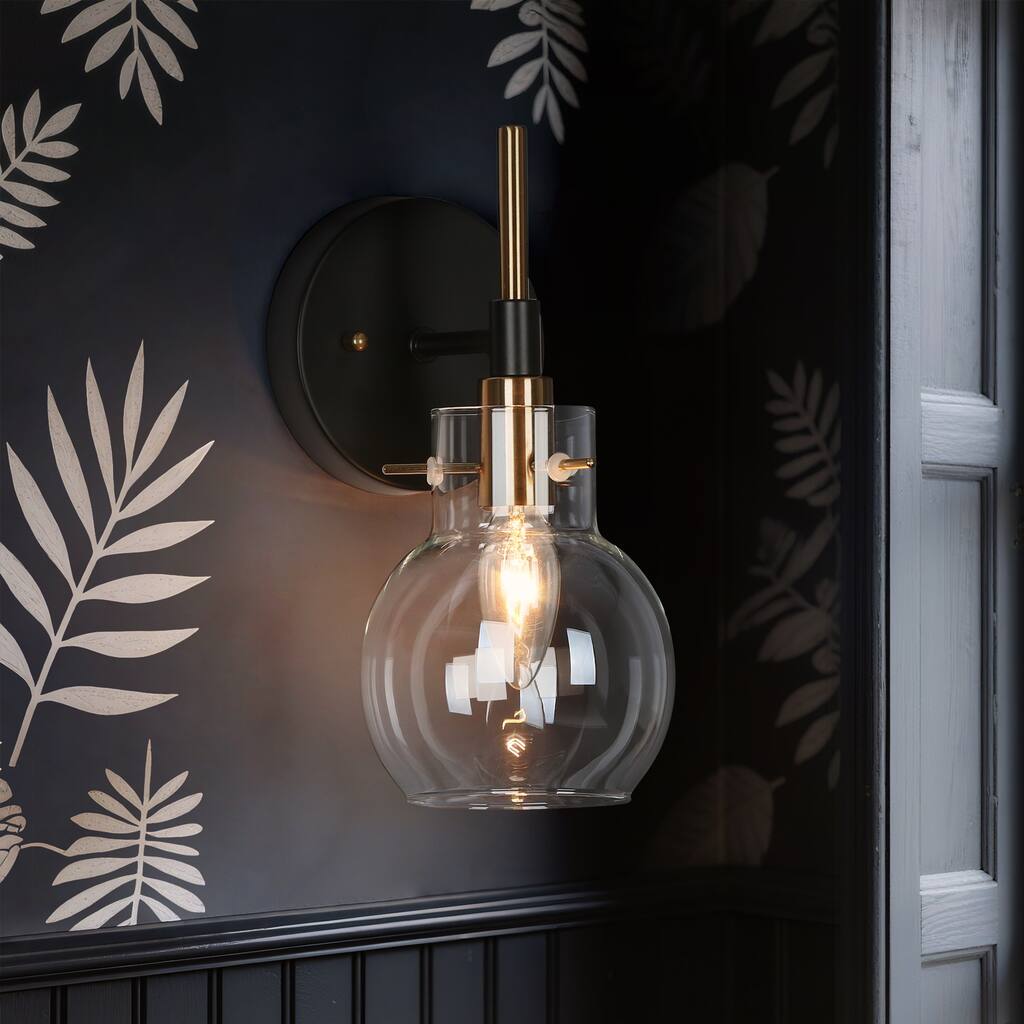 Isha Modern Black Gold 1-Light Bathroom Wall Sconce with Globe Glass - 5" L x 6" W x 10.5" H