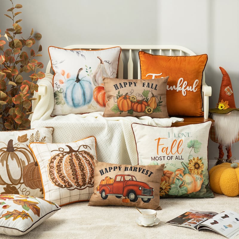 Glitzhome Farmhouse Thanksgiving Harvest Turkey Embroidered Pillow or Pillow Cover