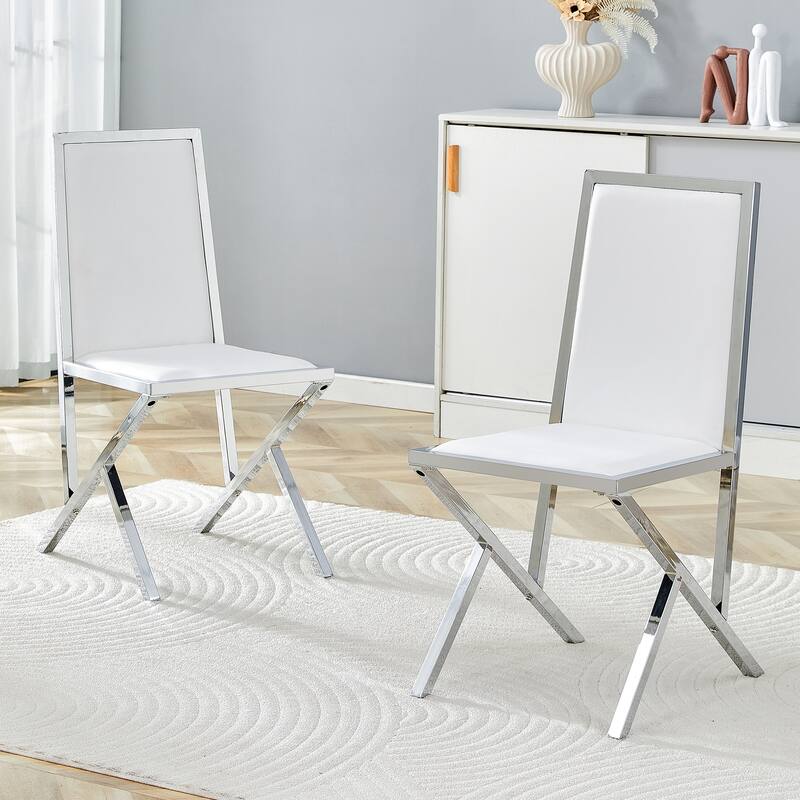 Set of 2, Metal Framed PU Dining Chairs: Ergonomic Design, A Simple And Luxurious Choice - White+Silver