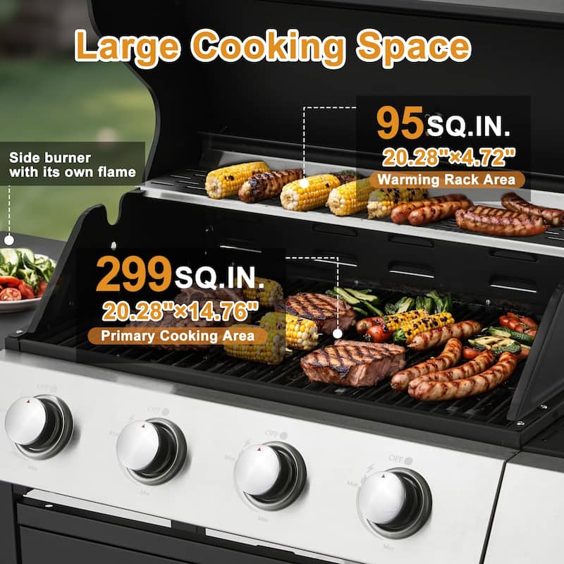 Outdoor Propane Gas Grill with Side Burner, Cast Iron Grates, Storage Cabinet, Easy Clean for Backyard & Patio