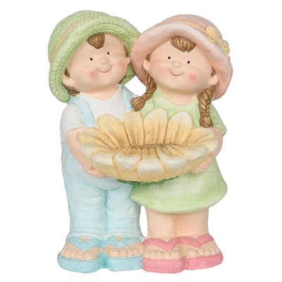 Boy and Girl Statue Holding Sunflower Birdbath
