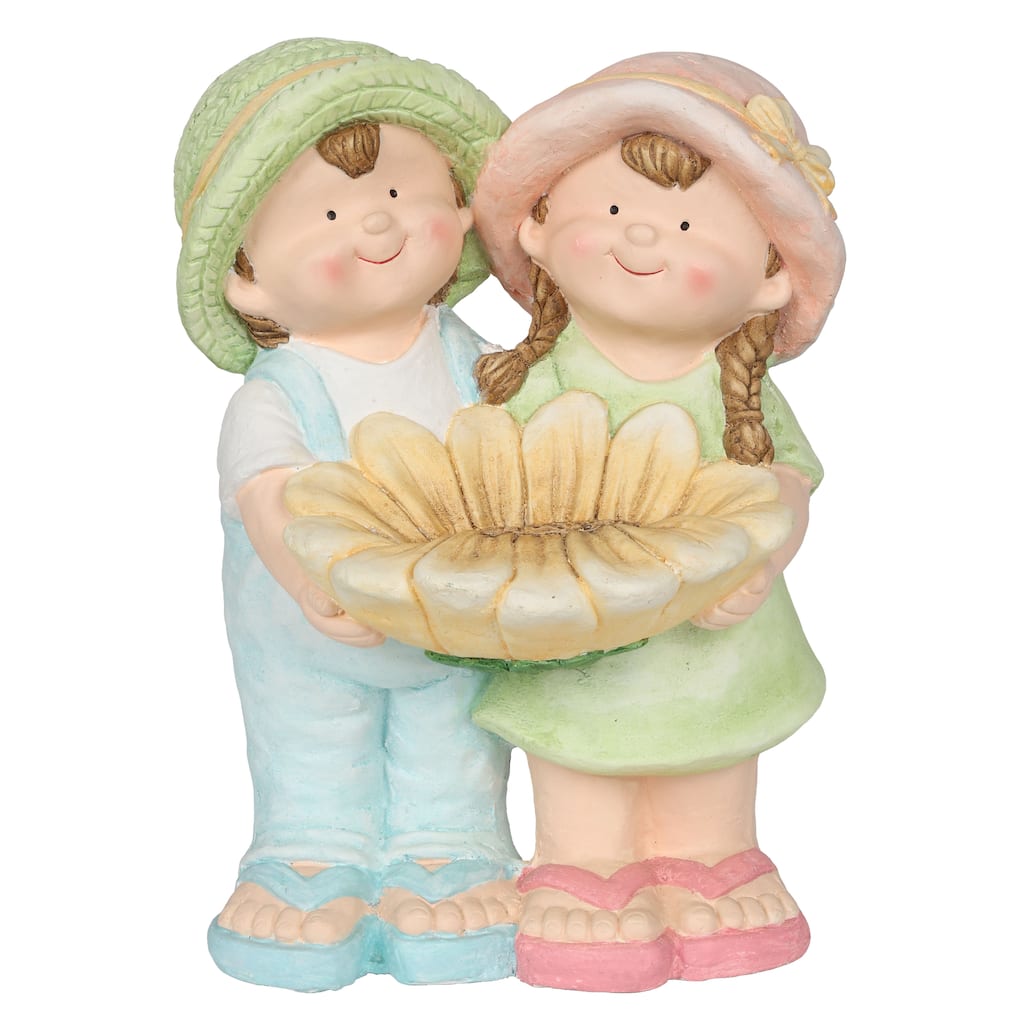 Boy and Girl Statue Holding Sunflower Birdbath