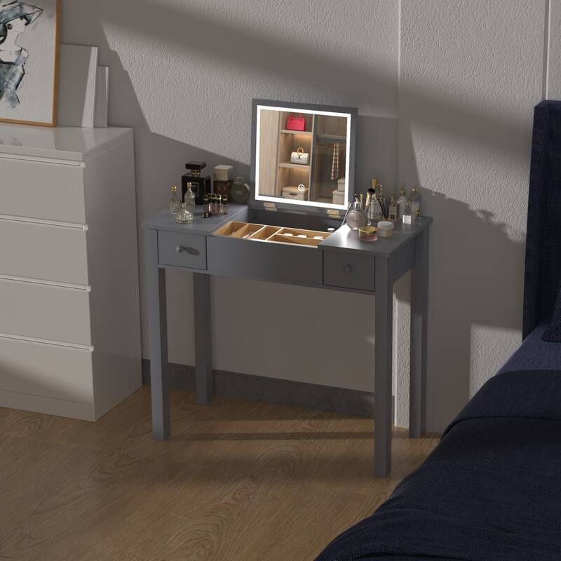Small Flip Top Makeup Table with LED Lights, Mirror, 2 Drawers