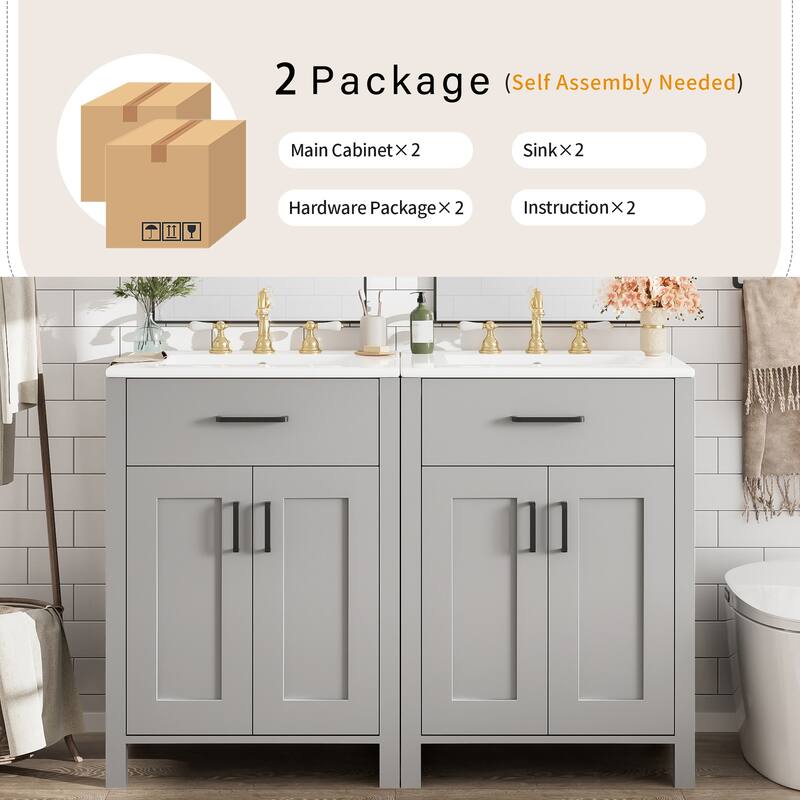 Modern 48" Bathroom Vanity with Ceramic Sink, Soft-Close Doors, Flip Drawer, Double-Layer Door Shelves, Elegant Storage Solution