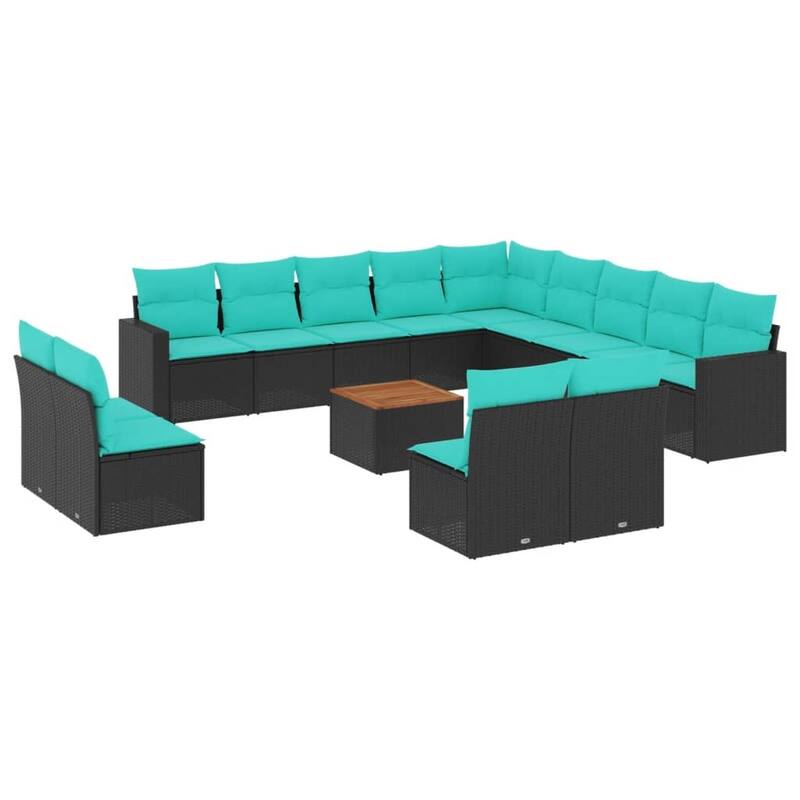 vidaXL 14 Piece Patio Sofa Set with Cushions Black Poly Rattan - 24.4x24.4x27.2